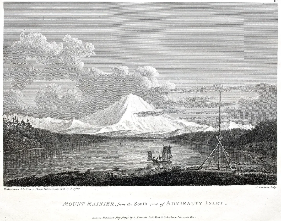An illustration of Mount Rainier, as seen from the southern part of Admiralty Inlet