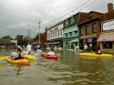 Kayakers paddle along the roadway of the historic waterfront of Annapolis, following Hurricane Isabel. As much as four feet of water flooded the historic capital city.