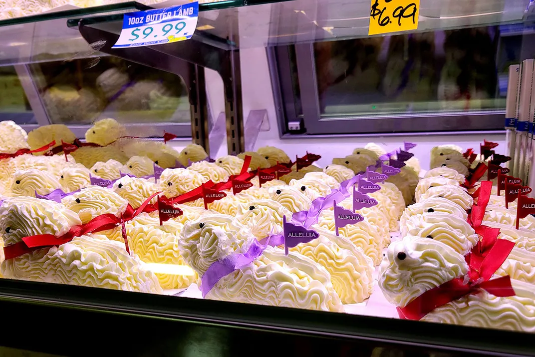 Display of various butter lambs.