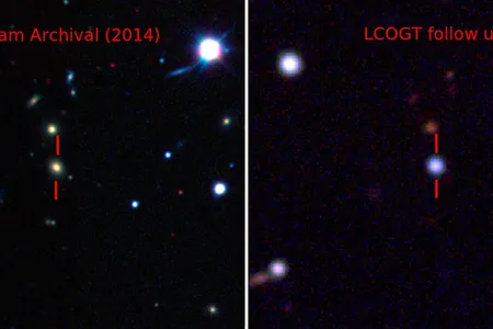 Colored images show the bright supernova as seen by two different telescopes (the Dark Energy Camera on the left and the Las Cumbres Observatory Global Telescope Network 1-meter telescope on the right). 