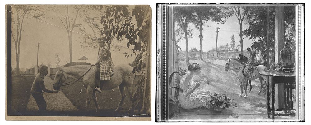Photograph of the set-up for and a photograph of the painting Going for a Ride by Edmunc C. Tarbell
