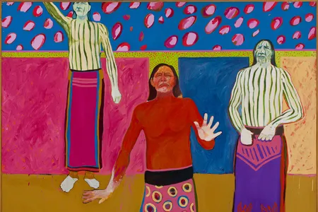Almost all of Cannon’s large paintings (above: Three Ghost Figures, 1970), are portraits, often in electric shades of orange, purple and brilliant blue. Many vividly depict Native Americans as living, sometimes flawed individuals.