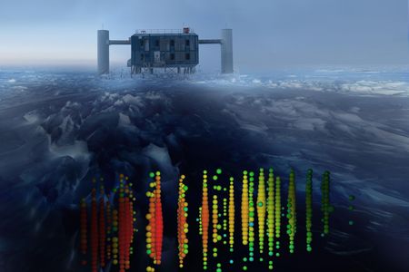 The IceCube Lab with a picture of neutrino data superimposed