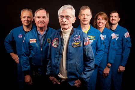 The crews of the first and last shuttle missions. From left: Doug Hurley, Bob Crippen and John Young of STS-1, STS-135 commander Chris Ferguson, Sandy Magnus, and Rex Walheim. 