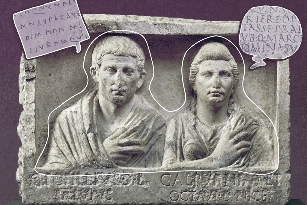 Illustration of Roman couple with Latin speech bubbles next to their heads