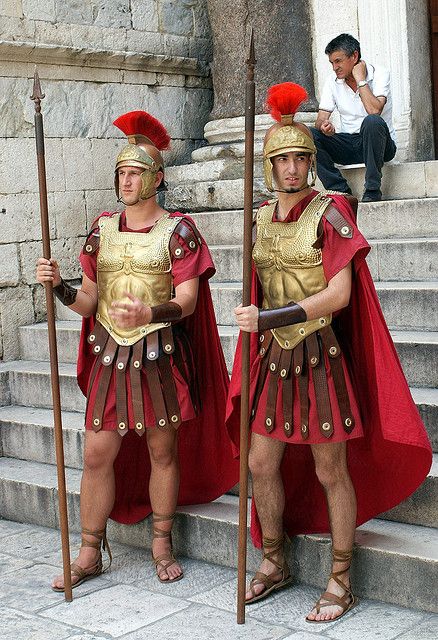 Two men reenact Roman military life in Split, Croatia.