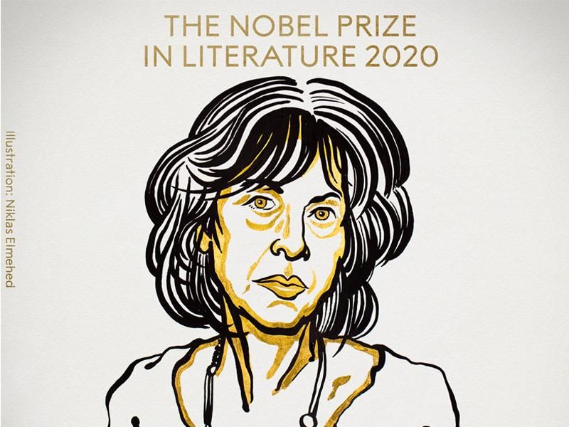 An illustration of Gluck rendered in black and white lines and yellow accents, with the Nobel Prize award listed above her head; Gluck stares at viewer with a serious expression