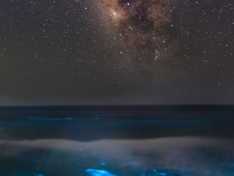 Beautiful milkyway with bioluminescent plankton in the ocean ...