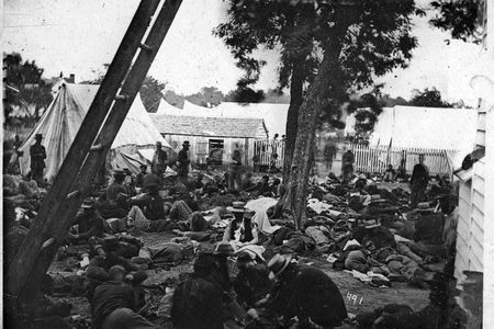 A field hospital in Virginia, photographed in 1862, shows the grim conditions during the Civil War.