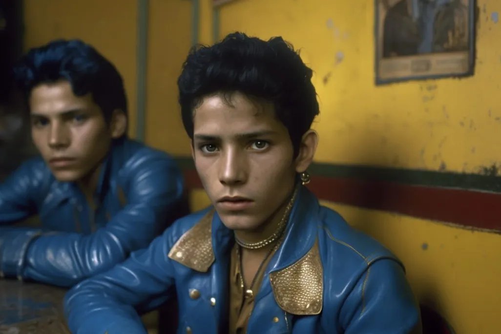 An A.I.-generated image of two Latino men wearing embellished blue jackets