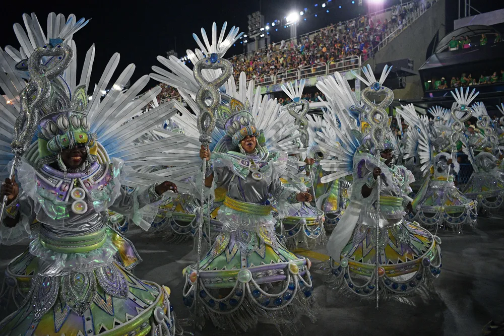 Members of Portela samba school perform during the second night of Rio's Carnival parade at the Sambodrome Marques de Sapucai in Rio de Janeiro, Brazil on April 23, 2022.