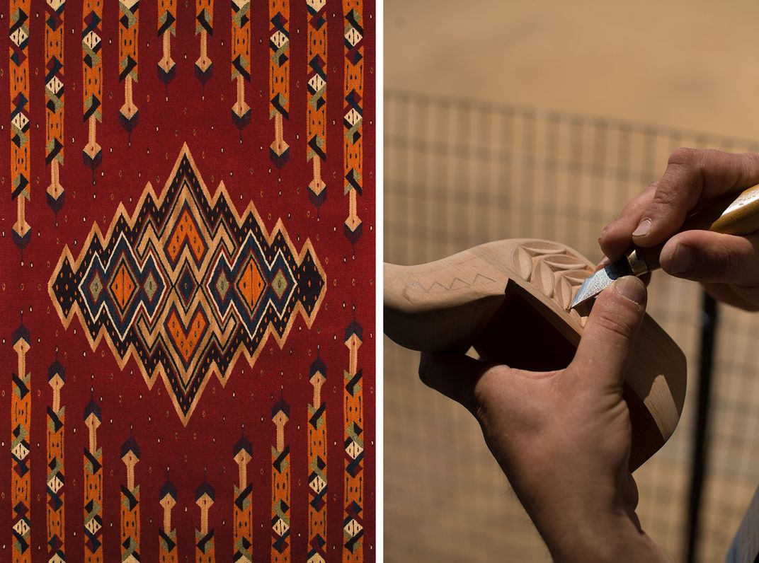 Two images side by side: on the left, a woven textile in red with black, tan, and orange geometric patterns. On the right, closeup of two hands holding and carving a piece of wood with a tool like a scalpel.