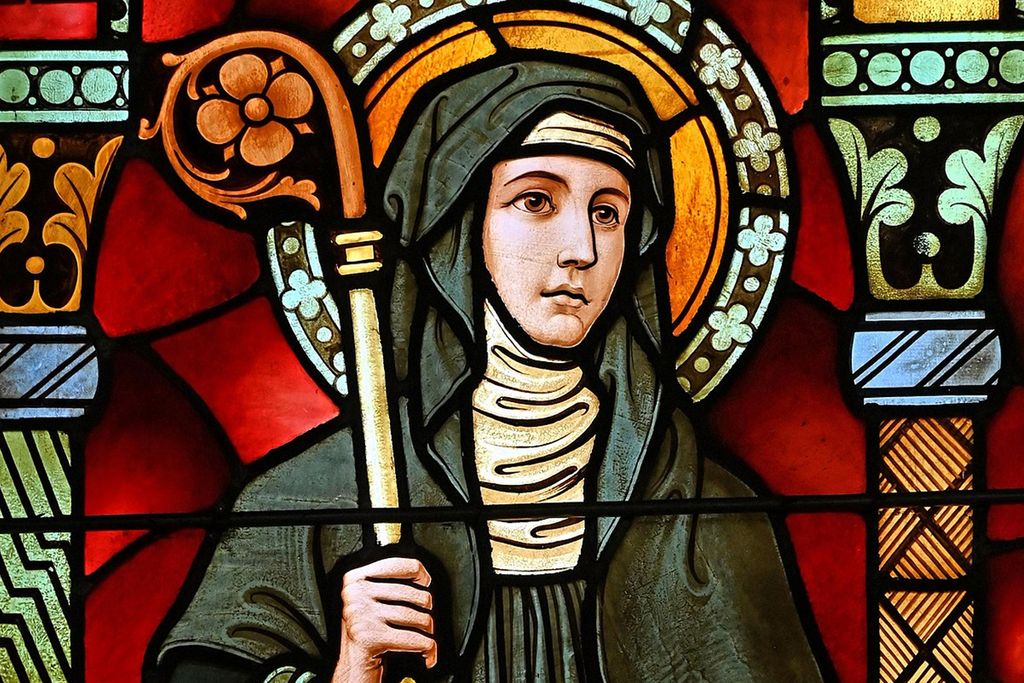Stained glass portrait of St. Brigid of Ireland