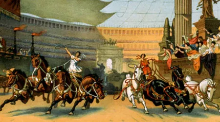 A Roman chariot race, showing men from two of the four color-themed demes, or associations, that produced the Blues and the Greens. From a poster advertising the 1925 film version of Ben-Hur.