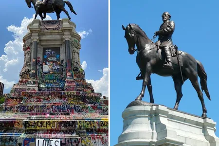 This summer, activists in Richmond transformed a monument to Robert E. Lee (right) into a work of protest art (left).