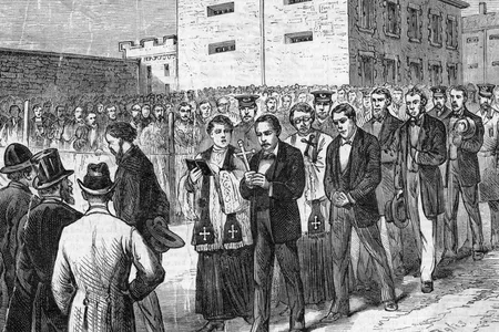 An illustration of Molly Maguires on their way to the gallows in Pottsville, Pennsylvania