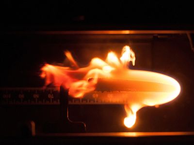 A flame in space, as photographed during a BASS (Burning and Suppression of Solids) experiment.