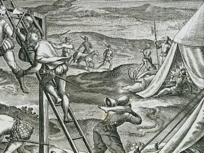References to acts of cannibalism are sprinkled throughout many religious and historical documents, such as reports of cooked human flesh being sold in 11th-century English markets during times of famine. Here, an engraving by Theodor de Bry depicts hungry Spaniards cutting down the bodies of thieves hanged by Pedro de Mendoza in order to eat them.
