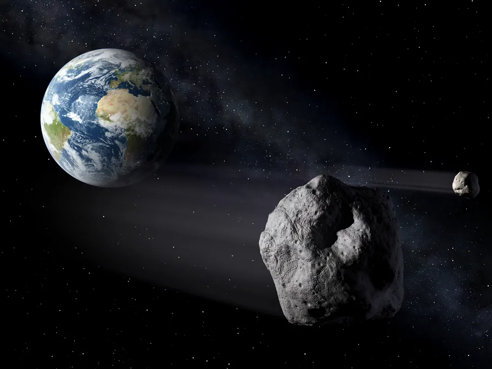 illustration of the earth, a massive asteroid, and a smaller asteroid