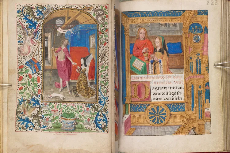 Left: Margaret of York kneeling before the resurrected Christ Right: a portrait of Joanna of Castle kneeling before an open book