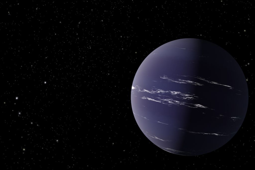 Artist’s rendering of TOI-1231 b, a Neptune-like planet about 90 light-years away from Earth. The planet is colored a purple-blue hue with thin, wispy clouds in its atmosphere.