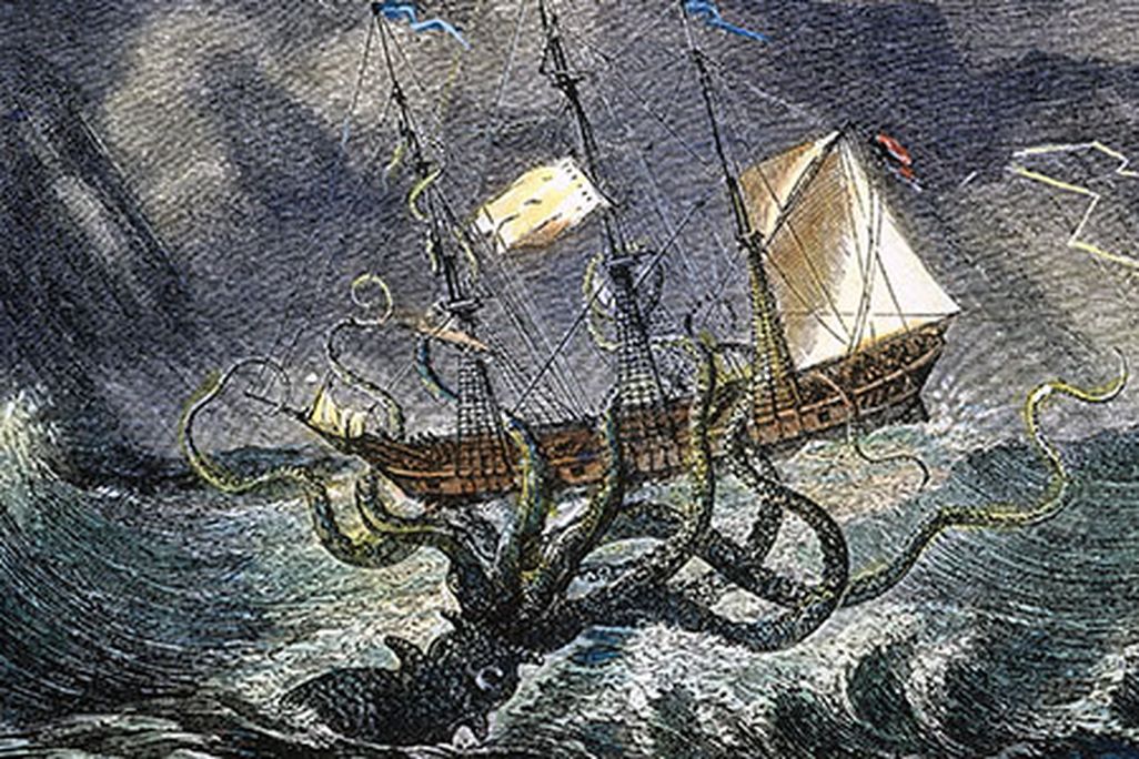 Giant squid attacking ship