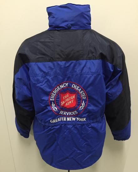 Blue jacket back with large Salvation Army seal