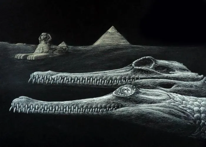 an illustration of a gavial, gavial skull, and Giza in the background