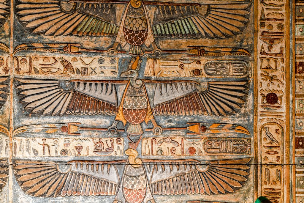 The restored ceiling of an Egyptian temple shows vulture-like depiction of goddesses