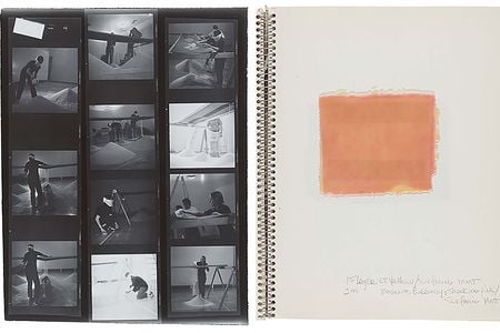 LEFT: Grayscale photographic contact sheet with images of Connie Zehr and assistants constructing a work of art.  RIGHT: Page from a wire-bound sketchbook with a sample square of liquid polyester and notes made in pencil.