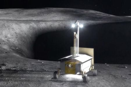 An artistic rendition of the Lunar Prospector rover, exploring the lunar surface in the polar regions. 