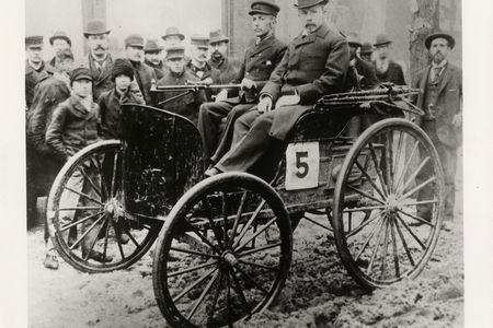 J. Frank Duryea, left, and race umpire Arthur W. White, right, in the 1895 Duryea during the Chicago Times-Herald race, the first automobile race in the U.S.