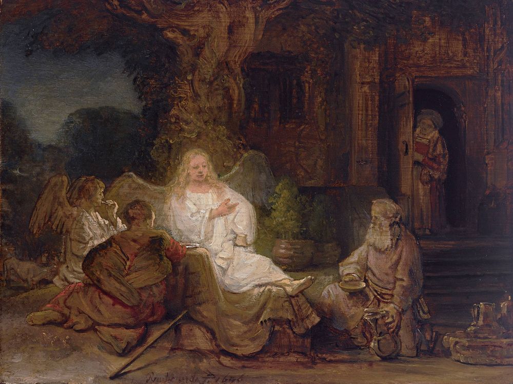A panel depicting a man with wings sitting in the center of the frame, illuminated by a light source that seems to come from within himself, surrounded by two other travelers, an elderly Abraham and Sarah peeking out of the door of the house