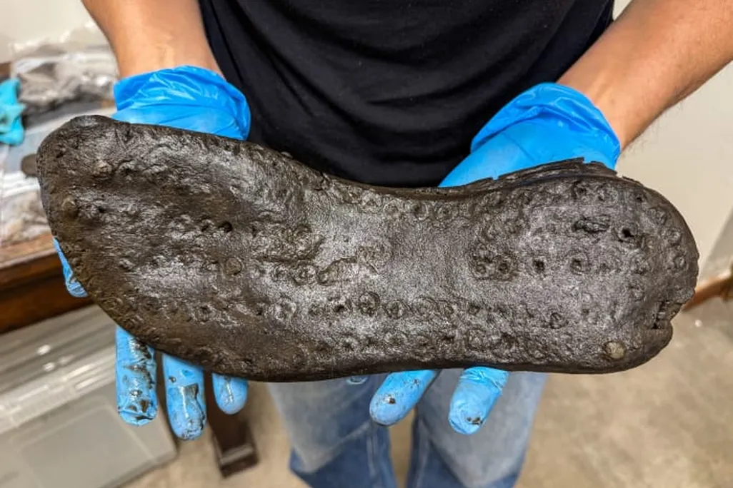 Large shoe being held in blue gloved hands