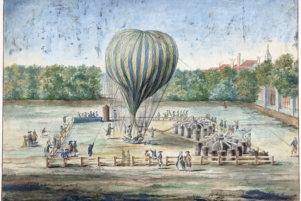 Jean-Pierre Blanchard ascends in his gas balloon on July 12, 1785, six months after he and John Jeffries crossed the English Channel in a similar flying machine