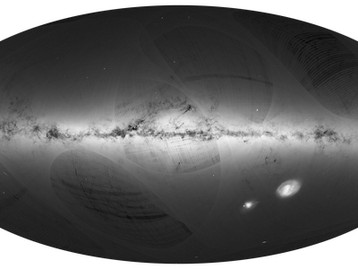 A billion points of light: Gaia&rsquo;s all-sky map shows the disk of the Milky Way at center, with dark patches of obscuring dust. At lower right are two nearby galaxies, the Large and Small Magellanic Clouds. Stripes in the image are data gaps&mdash;which eventually will be filled in. Click here to see a larger, annotated version. 
