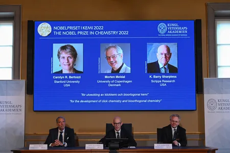 Members of the Nobel Committee for Chemistry address a press conference to announce the winners in Stockholm on October 5, 2022.&nbsp;