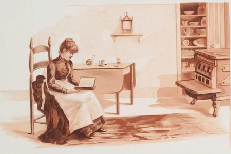 The recipes in late 19th-century American cookbooks—precise and detailed—met the needs of cooks in a highly mobile and modern country. Image from "Recipes: cards with text; depicting a woman in a kitchen reading, a server, meat, fish and a scale."