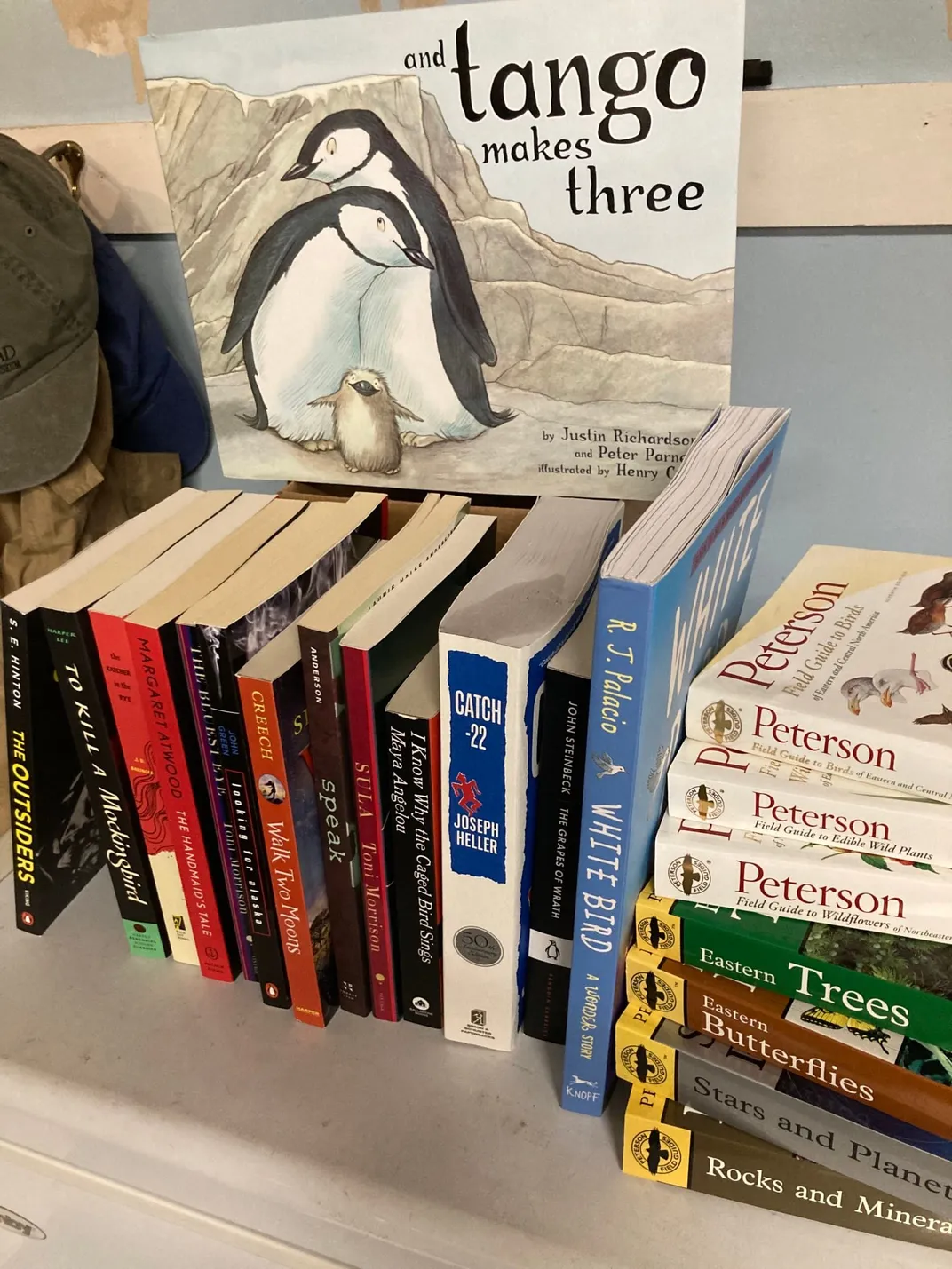 a small stack of books on a white shelf, topped by a copy of Tango Makes Three