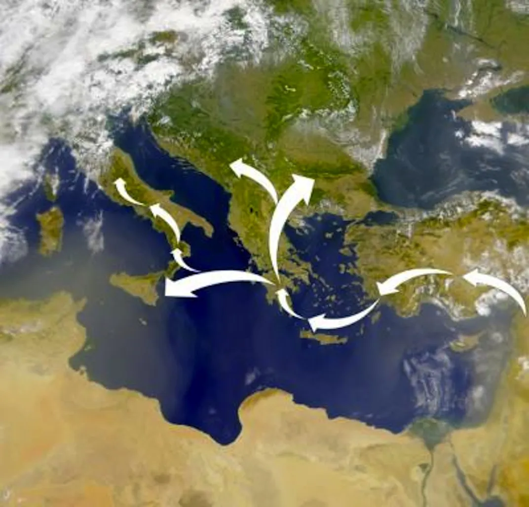 Genetic markers in modern populations indicate the Neolithic migrants who brought farming to Europe traveled from the Levant into Anatolia and then island hopped to Greece via Crete and then to Sicily and north into Southern Europe.