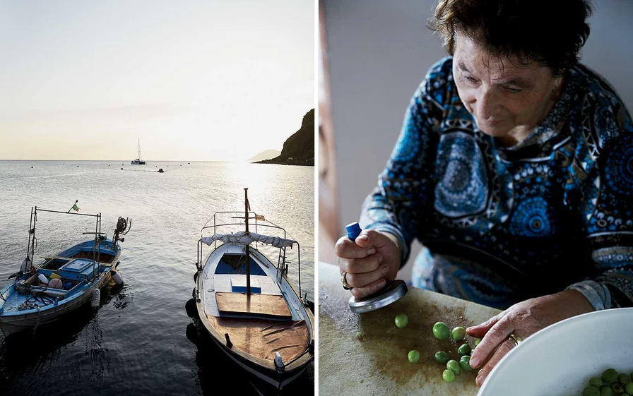 Fron left: The harbor of the village of Pecorini Mare, on Filicudi; preparing olives at the restaurant Villa La Rosa, on Filicudi.