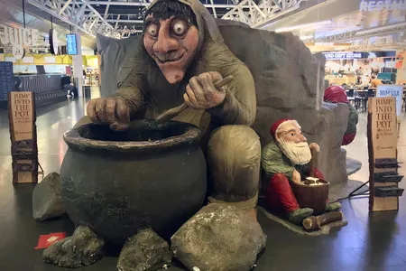 Sculptures of Gr&yacute;la, mother of the 13 Yule Lads, and Skyrg&aacute;mur, a Yule Lad fond of Icelandic yogurt