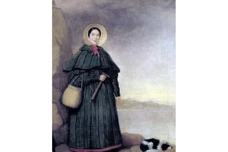 Portrait of paleontologist Mary Anning and her trusty assistant, Tray.