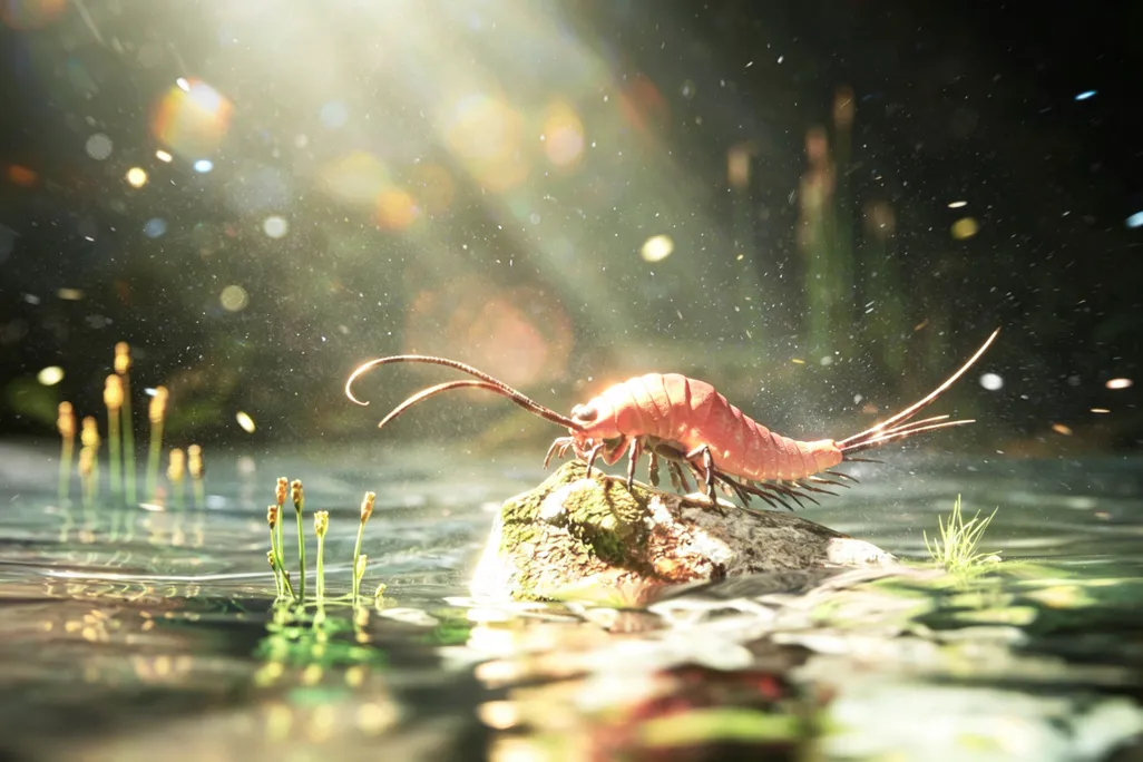 An illustration of a crustacean-like insect on a rock next to some water