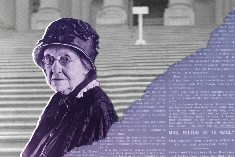 Illustration of Rebecca Latimer Felton with text of newspaper articles about her white supremacist views overlaid on top