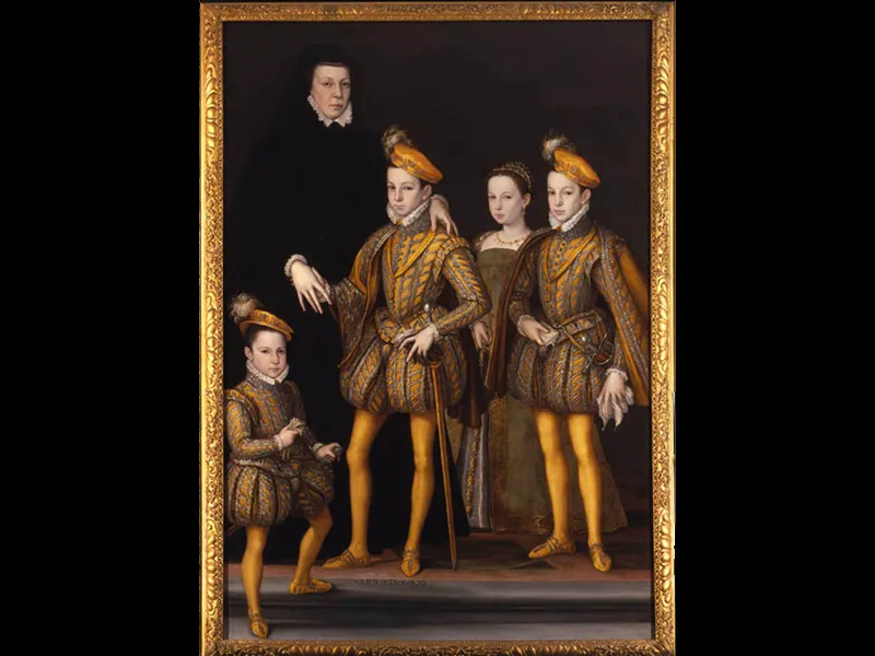 This 1561 portrait depicts Catherine de' Medici standing alongside four of her children, including the newly crowned Charles IX