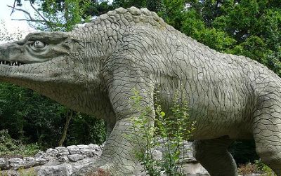An early 19th century representation of Megalosaurus at the Crystal Palace gardens. Thomas Henry Huxley's work gave dinosaurs a much more bird-like look.