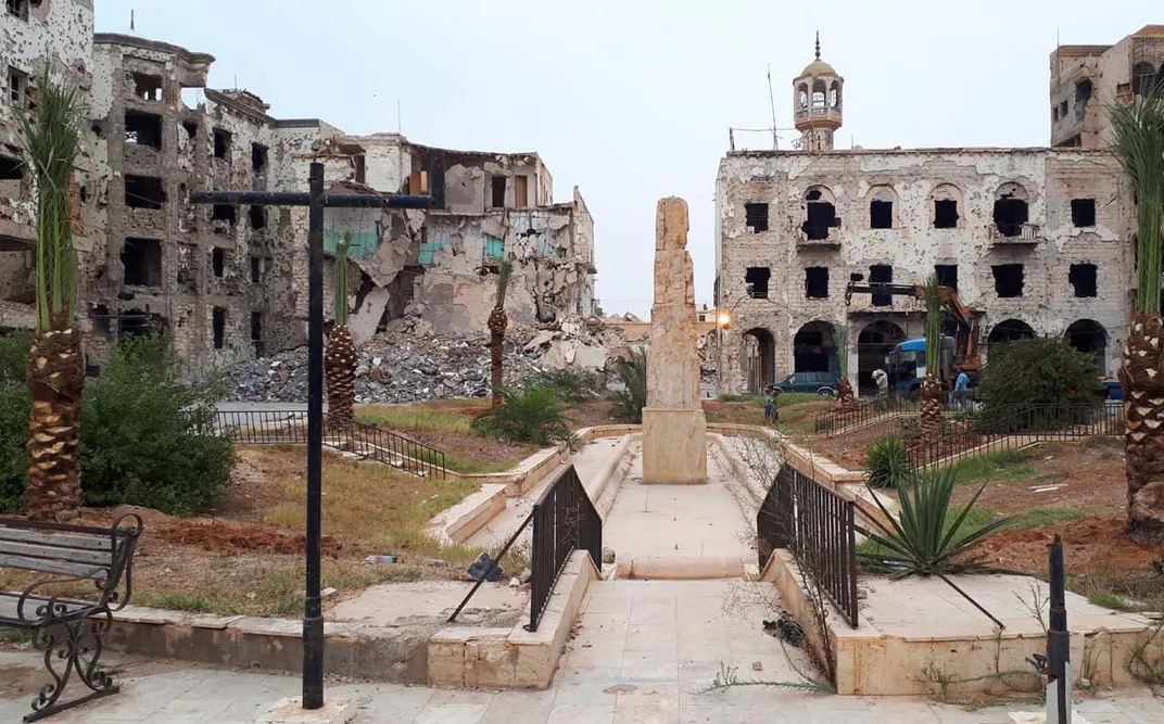 A bombed, empty public square in central Benghazi