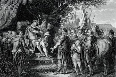 A 19th century engraving of King John signing the Magna Carta
