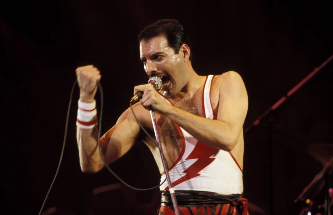 Freddie Mercury performing in 1985